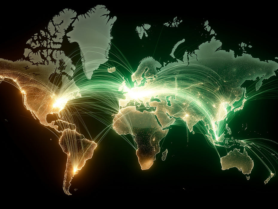 Global Connectivity Flow Mural Wallpaper | High-Impact Digital Art, Green and Gold Light, Network Visualization