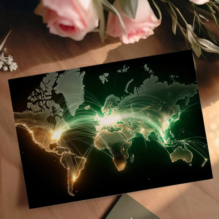 Global Connectivity Flow Mural Wallpaper | High-Impact Digital Art, Green and Gold Light, Network Visualization