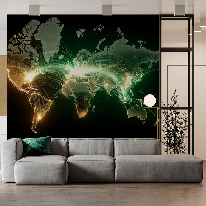 Global Connectivity Flow Mural Wallpaper | High-Impact Digital Art, Green and Gold Light, Network Visualization