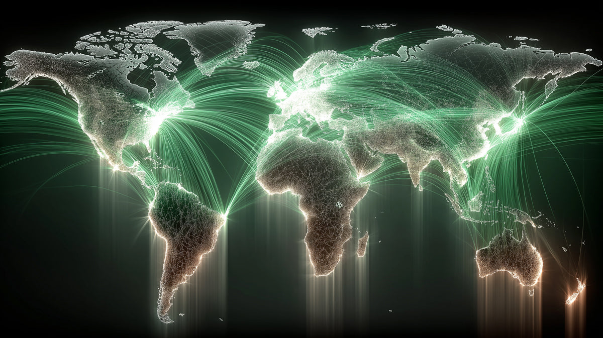 World Data Network Green Mural Wallpaper | Fiber Optic Lines, Dark Aesthetic, Intercontinental Communication