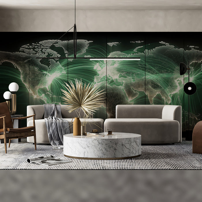 World Data Network Green Mural Wallpaper | Fiber Optic Lines, Dark Aesthetic, Intercontinental Communication
