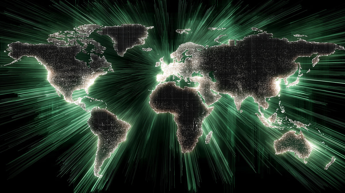 Global Starburst Digital Map Mural Wallpaper | Central Energy Burst, Dark Technology Theme, Luminous Landmasses