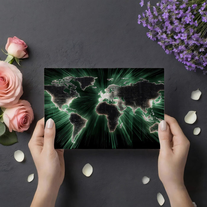Global Starburst Digital Map Mural Wallpaper | Central Energy Burst, Dark Technology Theme, Luminous Landmasses