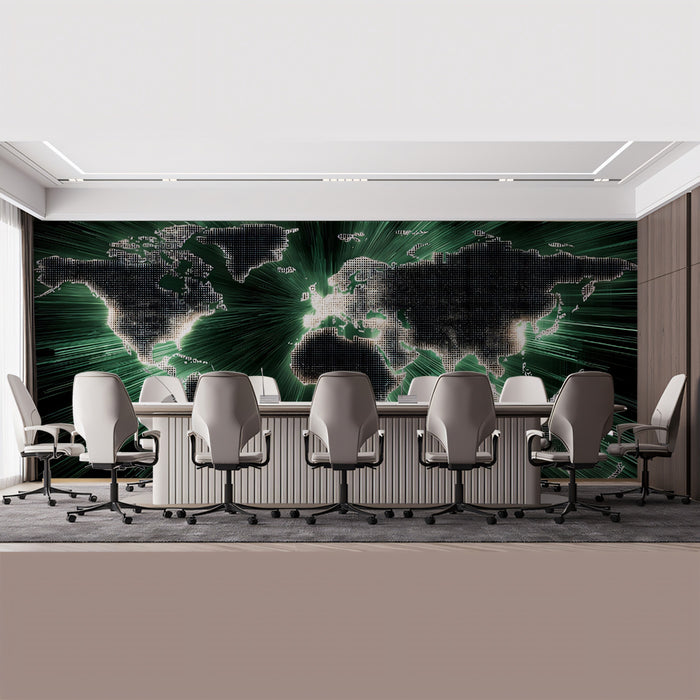 Global Starburst Digital Map Mural Wallpaper | Central Energy Burst, Dark Technology Theme, Luminous Landmasses