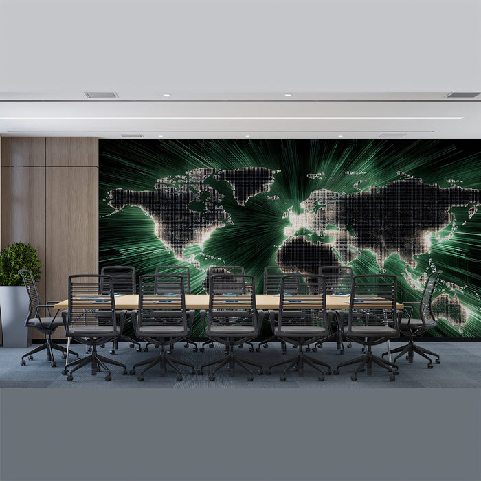 Global Starburst Digital Map Mural Wallpaper | Central Energy Burst, Dark Technology Theme, Luminous Landmasses