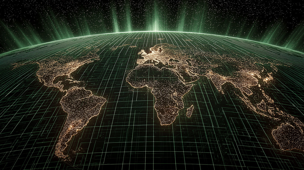 Illuminated Global Grid Mural Wallpaper | Earth from Space, City Lights Perspective, Futuristic Energy