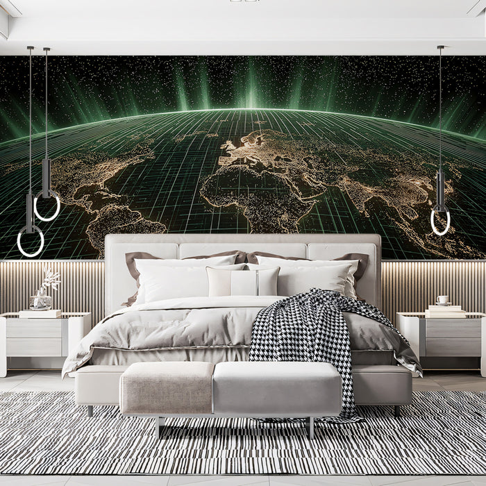 Illuminated Global Grid Mural Wallpaper | Earth from Space, City Lights Perspective, Futuristic Energy