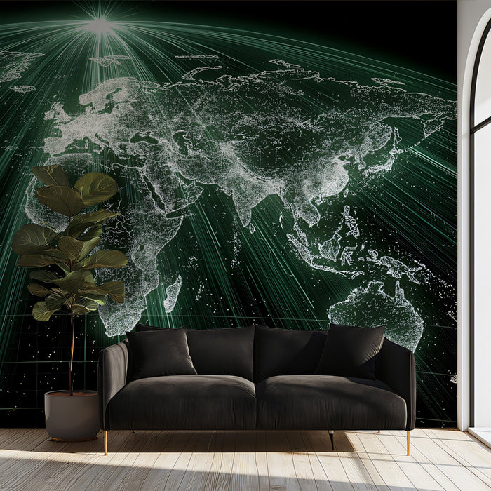 Radiant Global Network Green Mural Wallpaper | Top-Down Perspective, Cyber Security Theme, Digital Illumination