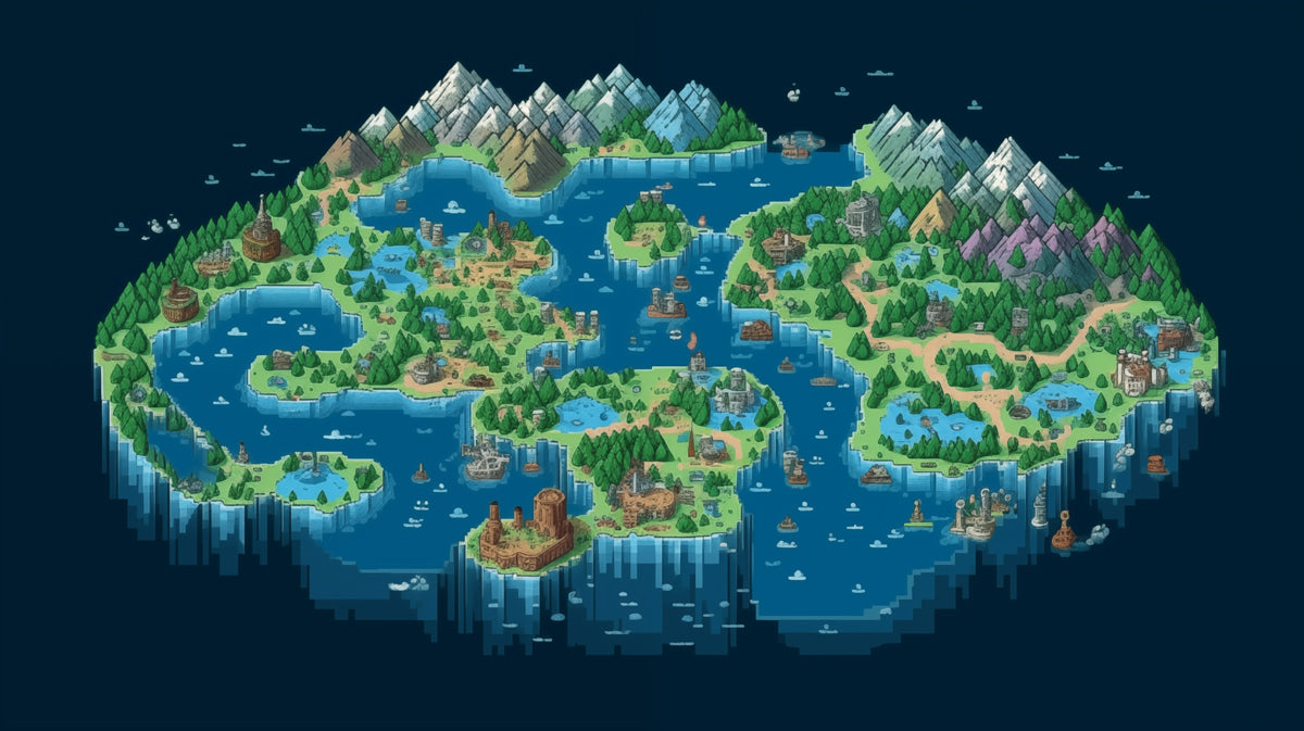 Retro Pixel Fantasy Map Mural Wallpaper | Isometric Game Art, Adventure Theme, Vibrant Blue and Green