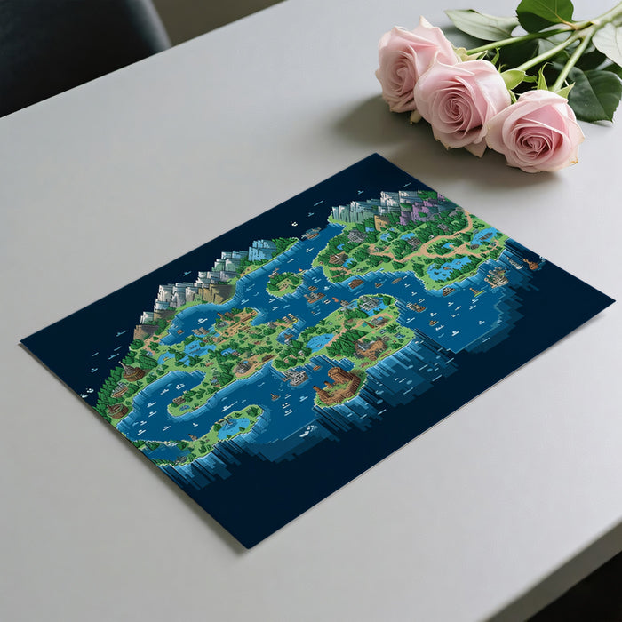 Retro Pixel Fantasy Map Mural Wallpaper | Isometric Game Art, Adventure Theme, Vibrant Blue and Green
