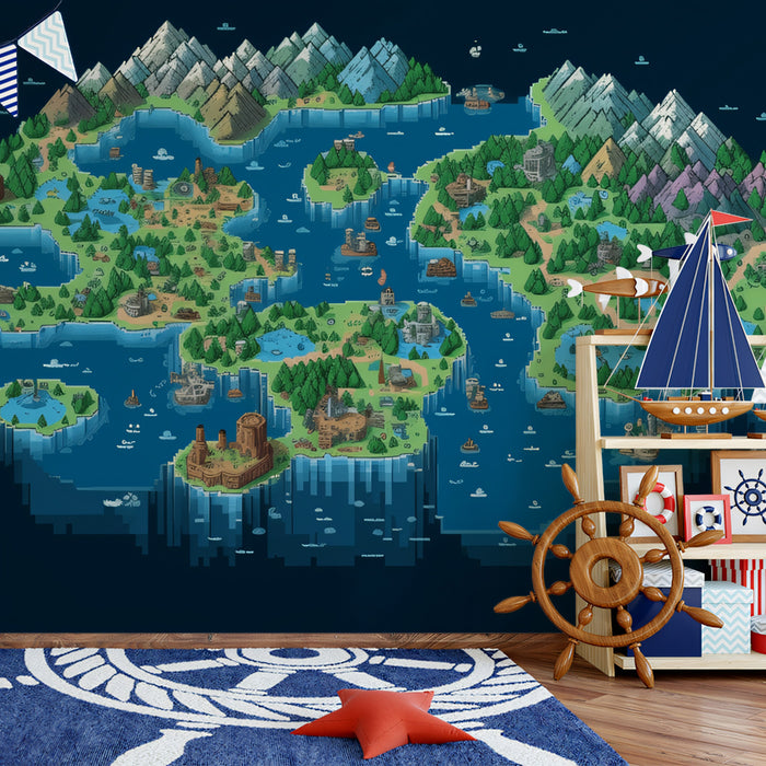 Retro Pixel Fantasy Map Mural Wallpaper | Isometric Game Art, Adventure Theme, Vibrant Blue and Green