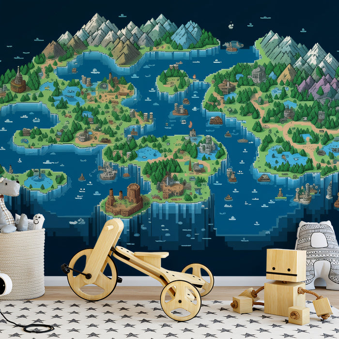 Retro Pixel Fantasy Map Mural Wallpaper | Isometric Game Art, Adventure Theme, Vibrant Blue and Green