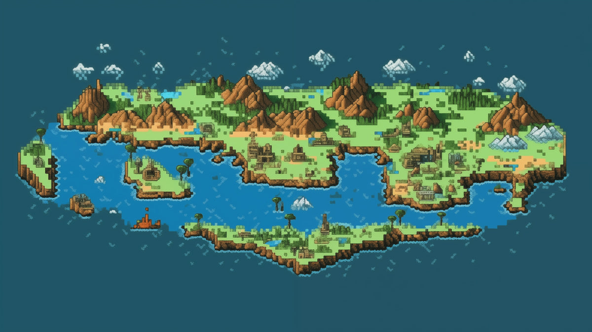 Pixel Isometric Island Mural Wallpaper | Retro Game Art, Adventure Map, 16-Bit Fantasy Landscape