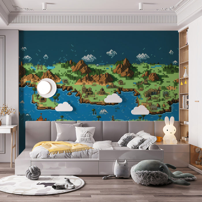 Pixel Isometric Island Mural Wallpaper | Retro Game Art, Adventure Map, 16-Bit Fantasy Landscape