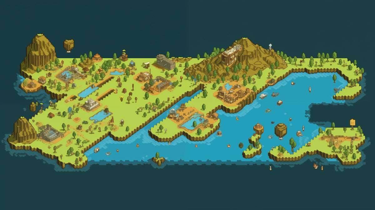 Low-Res Pixel Fantasy Island Mural Wallpaper | Detailed Isometric Map, Earthy Tones, Open World Setting