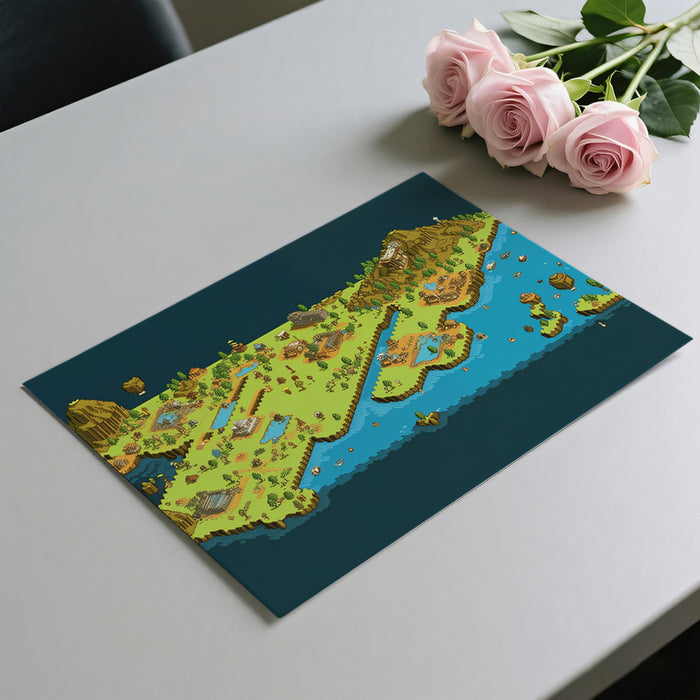 Low-Res Pixel Fantasy Island Mural Wallpaper | Detailed Isometric Map, Earthy Tones, Open World Setting