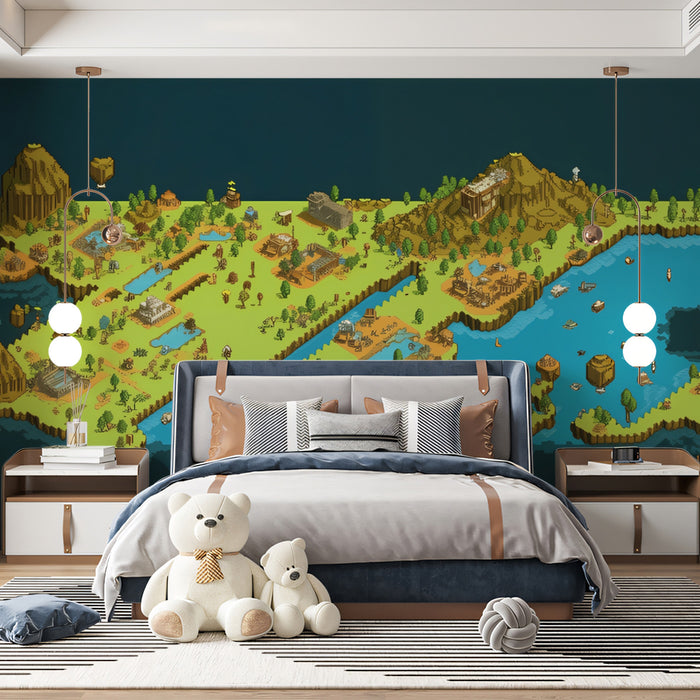 Low-Res Pixel Fantasy Island Mural Wallpaper | Detailed Isometric Map, Earthy Tones, Open World Setting