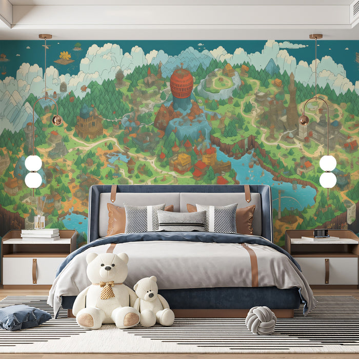 Colorful Pixel Art Megalopolis Mural Wallpaper | Fantasy City Map, Vibrant Colors, Immersive RPG World