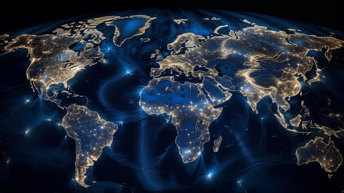 Global Night Lights Map Mural Wallpaper | High Resolution, Blue Ocean Flow, Interconnected Cities