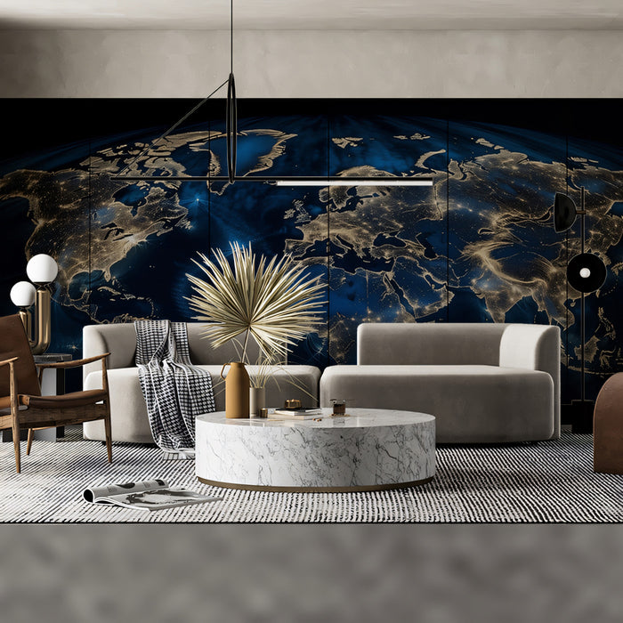 Global Night Lights Map Mural Wallpaper | High Resolution, Blue Ocean Flow, Interconnected Cities