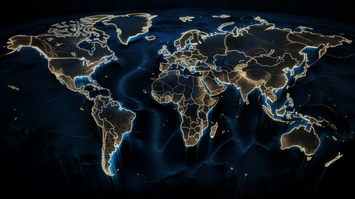 Glowing Continent Outline Mural Wallpaper | Dark Blue Ocean, Gold Edges, High-Contrast Digital Map