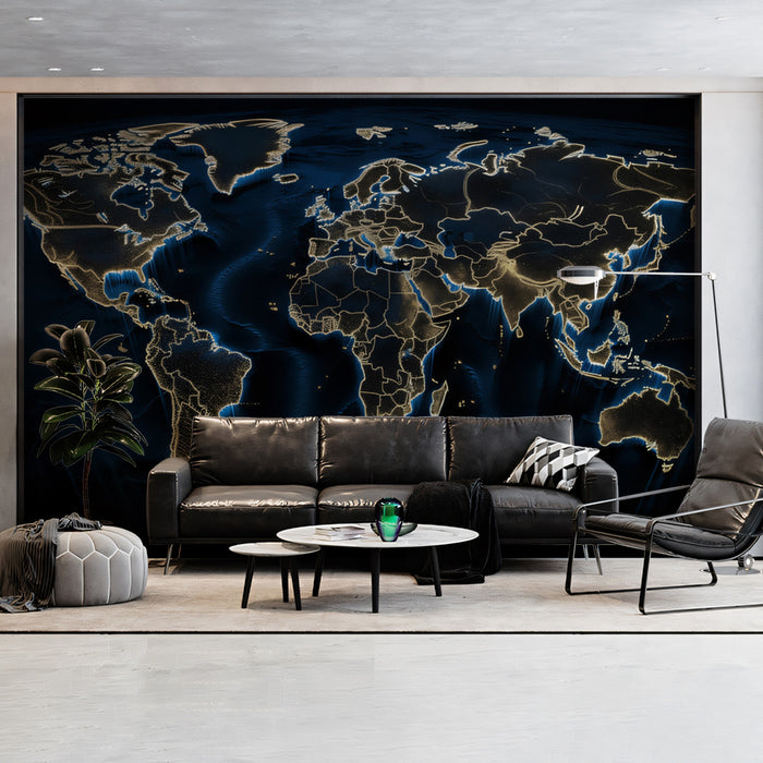 Glowing Continent Outline Mural Wallpaper | Dark Blue Ocean, Gold Edges, High-Contrast Digital Map