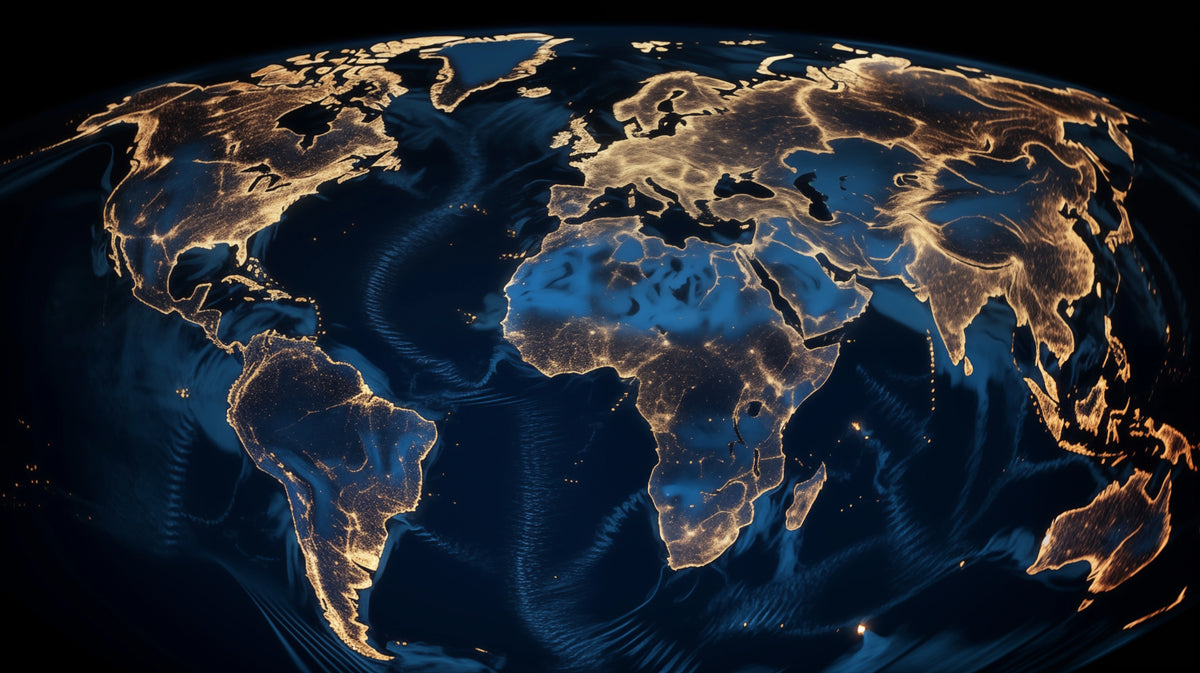 Earth Night Illumination Mural Wallpaper | Golden City Lights, Deep Navy Ocean, Atmospheric Satellite View