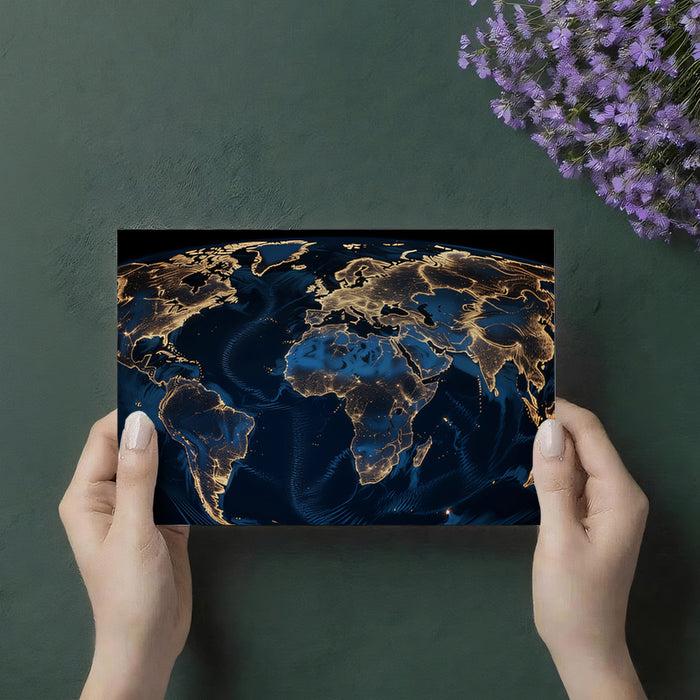 Earth Night Illumination Mural Wallpaper | Golden City Lights, Deep Navy Ocean, Atmospheric Satellite View
