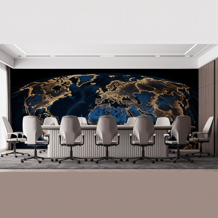 Earth Night Illumination Mural Wallpaper | Golden City Lights, Deep Navy Ocean, Atmospheric Satellite View