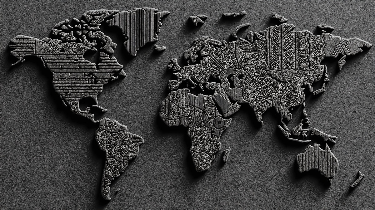 Textured Relief World Map Mural Wallpaper | Dark Monochrome, Geometric Pattern, Embossed Metal Effect
