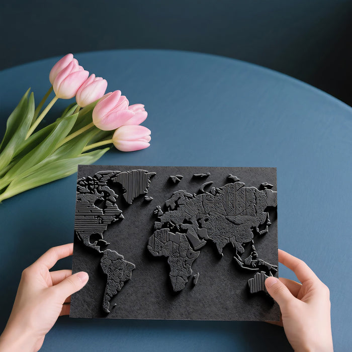 Textured Relief World Map Mural Wallpaper | Dark Monochrome, Geometric Pattern, Embossed Metal Effect