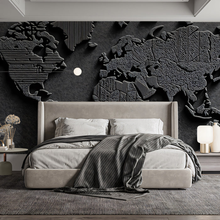 Textured Relief World Map Mural Wallpaper | Dark Monochrome, Geometric Pattern, Embossed Metal Effect