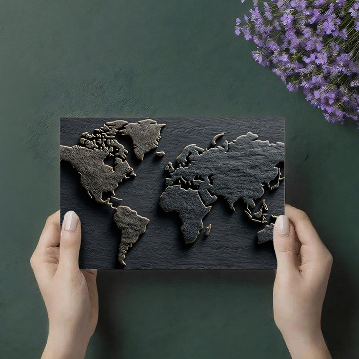Stone Carved World Map Mural Wallpaper | Natural Rock Texture, Monochrome Gray, Elemental Earth Art