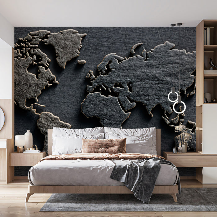 Stone Carved World Map Mural Wallpaper | Natural Rock Texture, Monochrome Gray, Elemental Earth Art