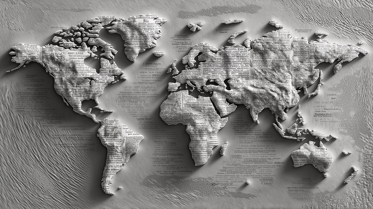 Text Relief World Map Mural Wallpaper | Paper Sculpture, Newsprint Texture, Literary Monochrome Art