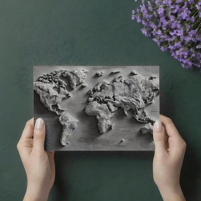 Text Relief World Map Mural Wallpaper | Paper Sculpture, Newsprint Texture, Literary Monochrome Art