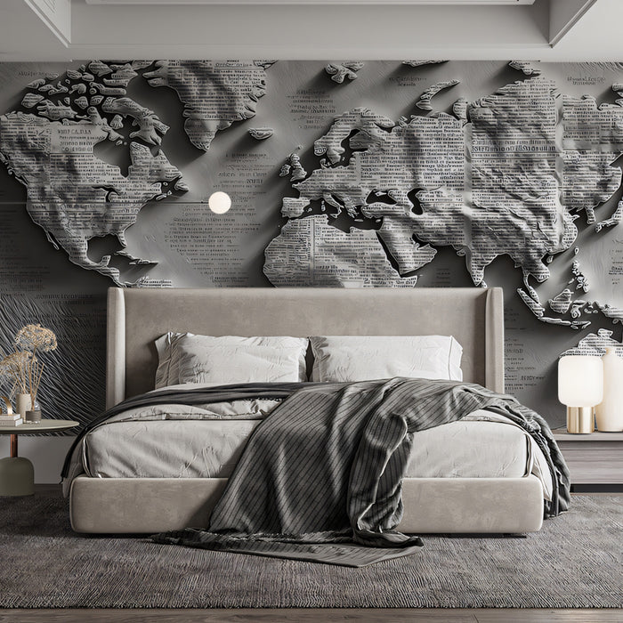 Text Relief World Map Mural Wallpaper | Paper Sculpture, Newsprint Texture, Literary Monochrome Art