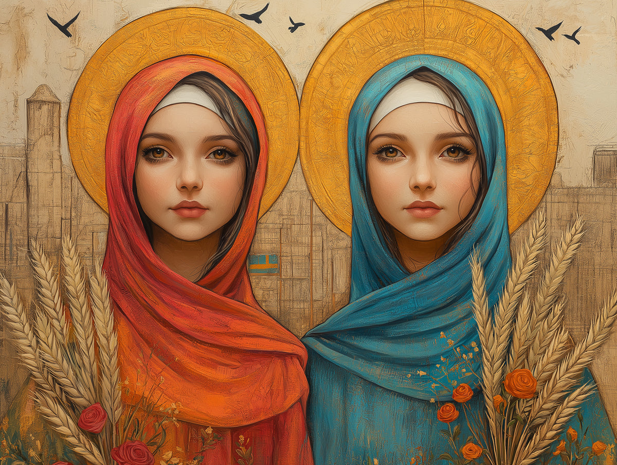 Twin Girls with Halos Wallpaper in Living Room | Various Colors (Red, Blue, Gold, etc.) of Islamic Girls