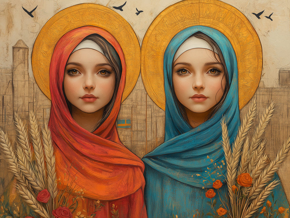 Twin Girls with Halos Wallpaper in Living Room | Various Colors (Red, Blue, Gold, etc.) of Islamic Girls