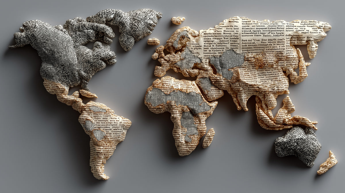 Narrative Paper World Map Mural Wallpaper | Multi-Tone Text Sculpture, Warm Sepia and Gray, Artistic Cartography