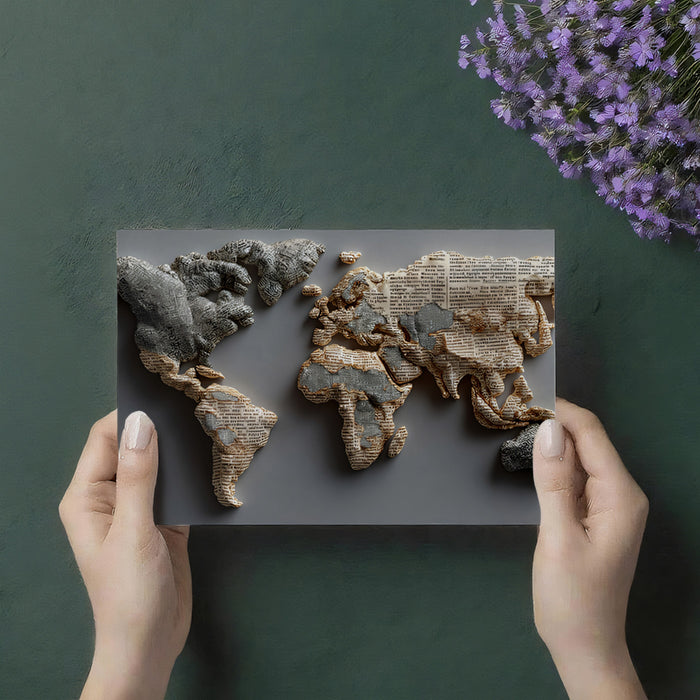 Narrative Paper World Map Mural Wallpaper | Multi-Tone Text Sculpture, Warm Sepia and Gray, Artistic Cartography