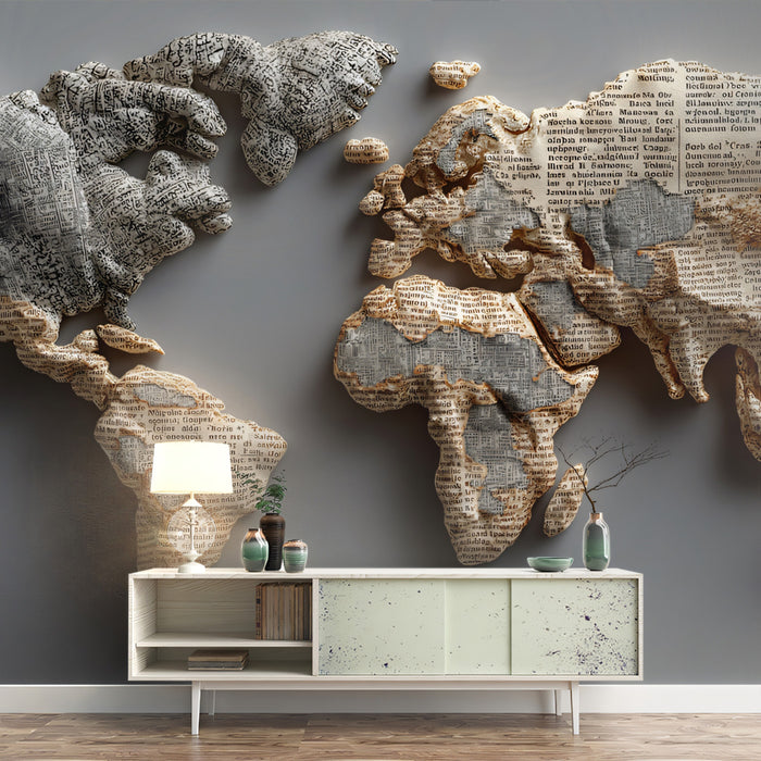 Narrative Paper World Map Mural Wallpaper | Multi-Tone Text Sculpture, Warm Sepia and Gray, Artistic Cartography