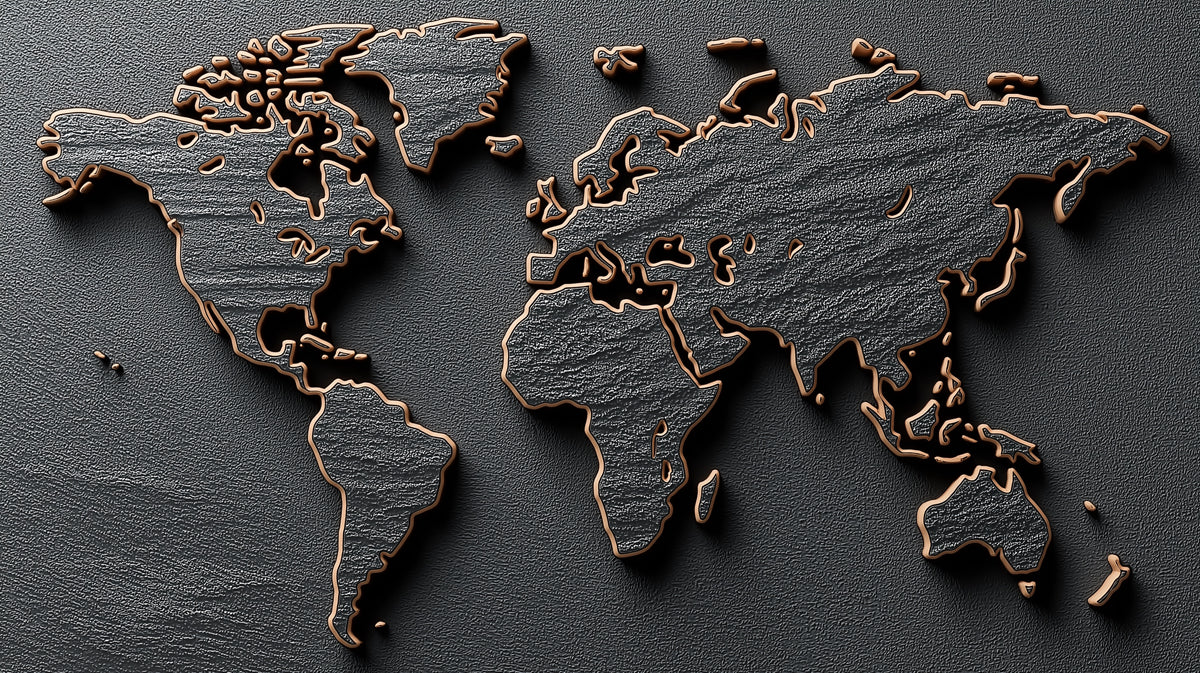 Textured Slate World Map Mural Wallpaper | Copper Outline, Dark Monochrome Relief, High-Contrast Global Art