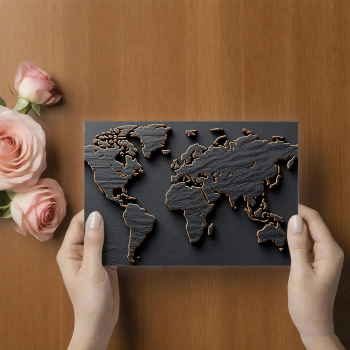 Textured Slate World Map Mural Wallpaper | Copper Outline, Dark Monochrome Relief, High-Contrast Global Art