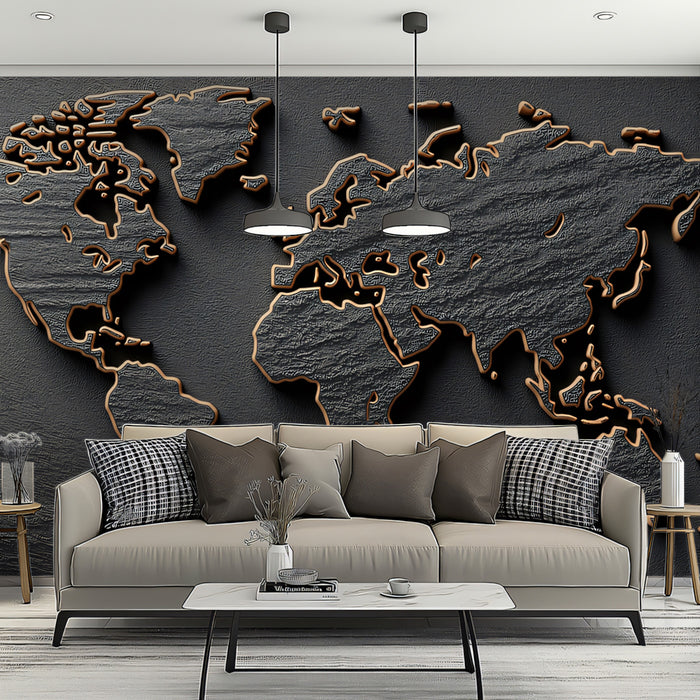 Textured Slate World Map Mural Wallpaper | Copper Outline, Dark Monochrome Relief, High-Contrast Global Art