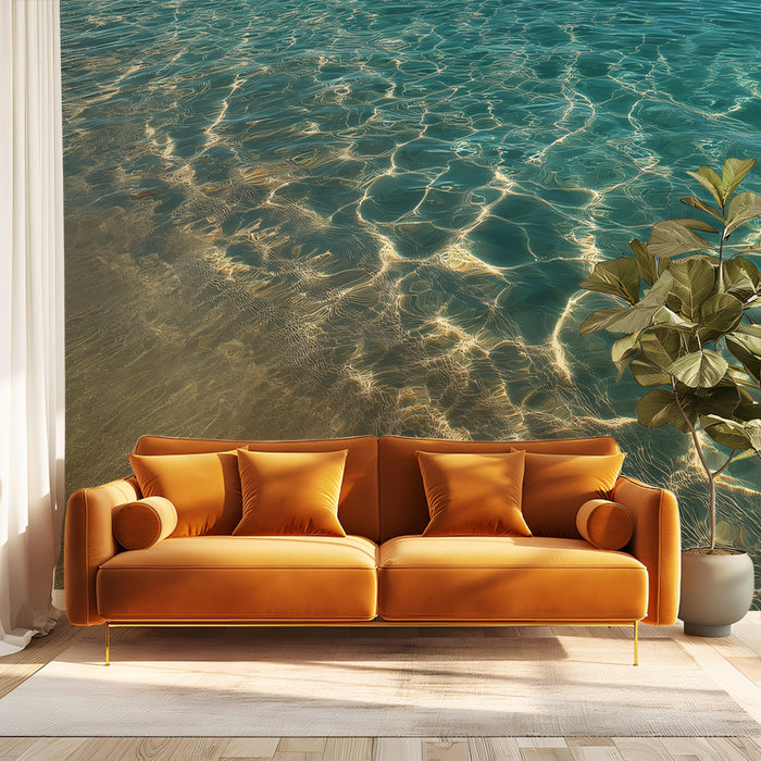 Sunlit Shallows Water Texture Mural Wallpaper | Turquoise Ocean, Golden Sand, Rippling Light Pattern