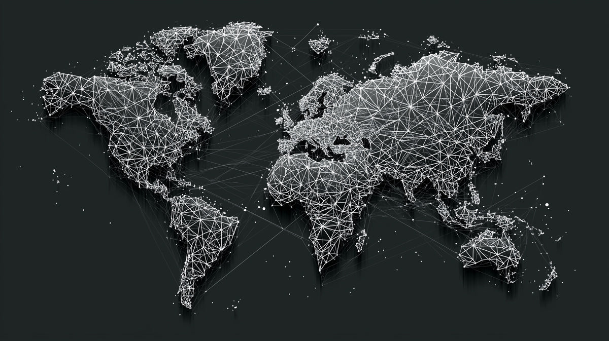 Geometric Global Network Mural Wallpaper | Low-Poly Mesh, Digital World Map, Dark High-Tech Aesthetic