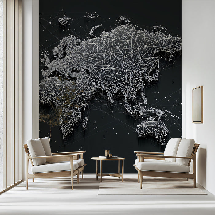 Geometric Global Network Mural Wallpaper | Low-Poly Mesh, Digital World Map, Dark High-Tech Aesthetic