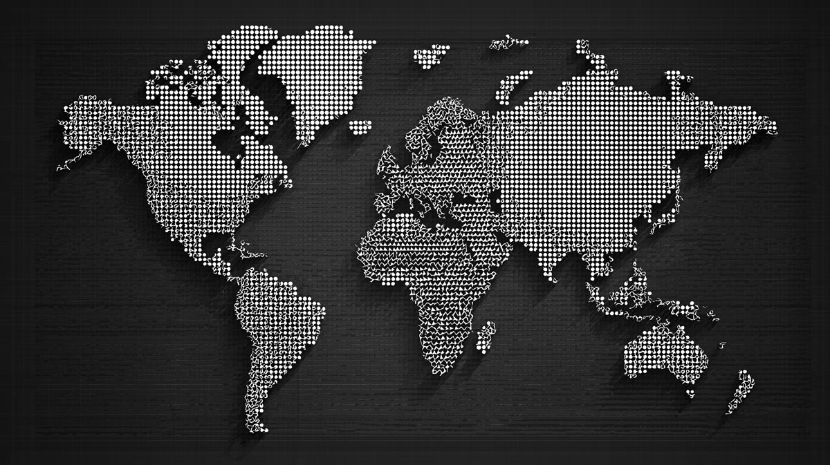 Monochrome Halftone World Map Mural Wallpaper | High-Contrast Dot Matrix, Pop Art Cartography, Minimalist