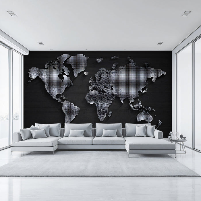 Monochrome Halftone World Map Mural Wallpaper | High-Contrast Dot Matrix, Pop Art Cartography, Minimalist